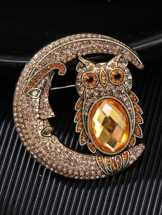 Jewelry - DESIGNER Gold Fall Owl & Crescent Moon Champagne & Orange Crystal Brooch Pin
